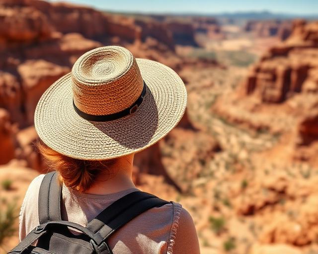 Reisende blickt über eine Canyonlandschaft