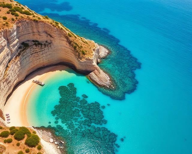 Türkisfarbene Bucht mit Sandstrand von oben