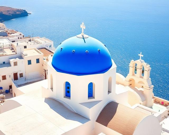 Blaue Kuppelkirche über dem Meer
